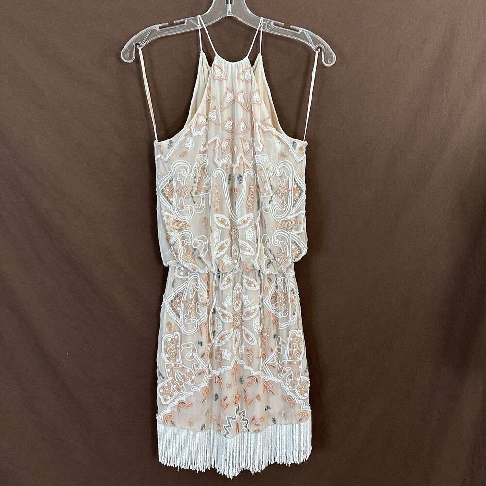 NEW Lotus Threads Hand Beaded Cream Chiffon Cocktail Formal Wedding Dress SMALL